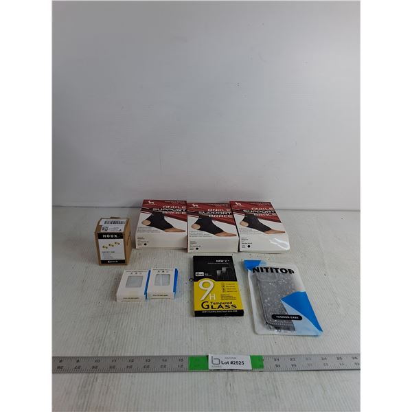 (3) Ankle Braces, (2) Watch Screen Protectors, Tempered Glas ( as is)