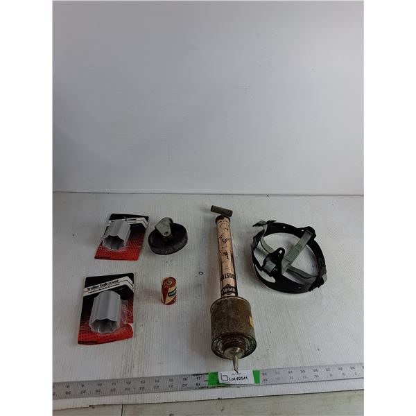 (2) Trailer Ball Covers, Castor Wheel, Battery, Safety Helmet Straps, Misc ( as is)