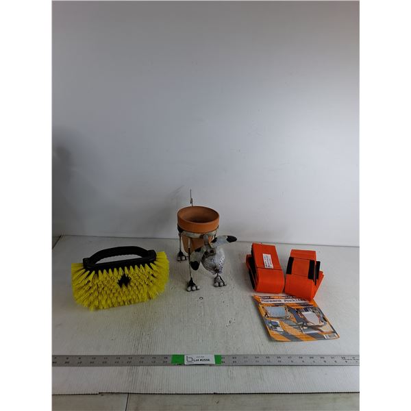 Outdor Scrub Brush, Outdor Planter, Forearm Forklift Straps ( as is)