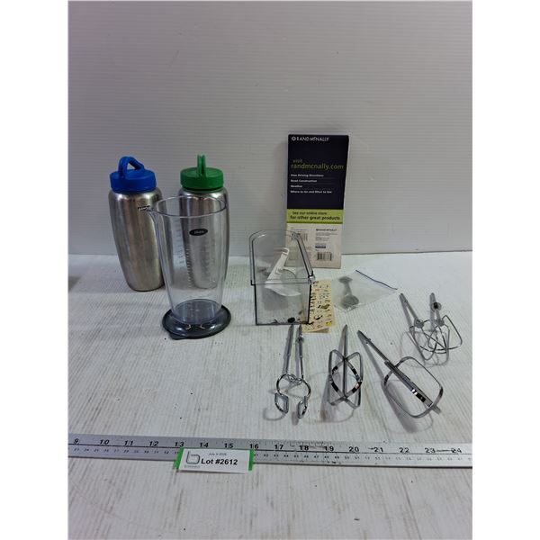 Assorted Mixer Attachments, Travel Mugs, Measuring Cup, Misc