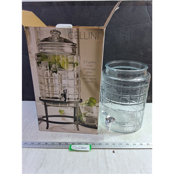 1.5 Gallon Glass Beverage Dispenser and Metal Stand - Appears New in Box