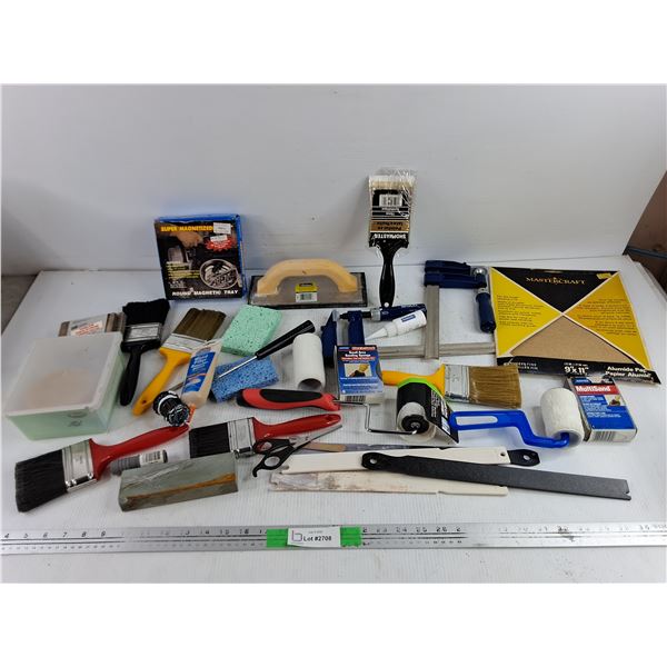 Round Magnetic Tray, Paint Brushes, Alumide Paper, Bar Clamps, Wood Filler, Misc