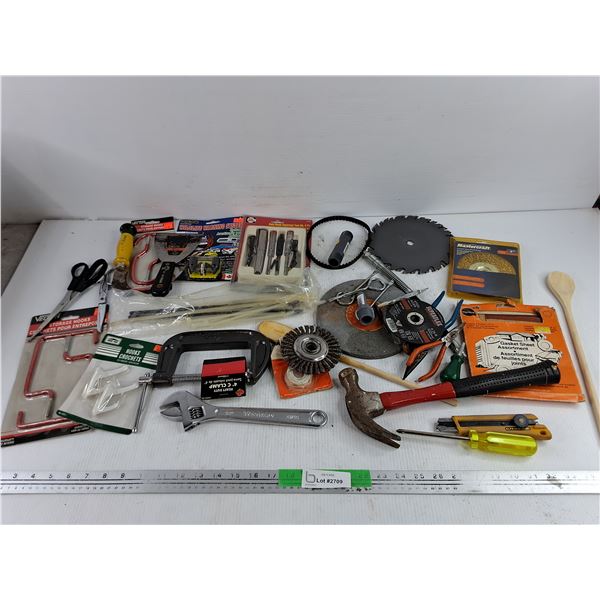 Gasket Sheet Assortment, C Clamp, Wire Brush Wheel, Scissors, Hammer, Leather Knife, Misc