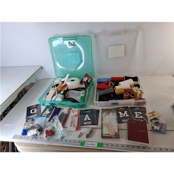 Plastic Containers, Spools of Thread, Sewing Accessories, Notebooks/Pads, Misc.