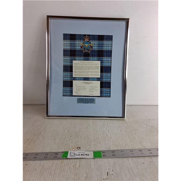 Framed Momento Of The Origin Of The RCAF Tartan 15"x12" ( cannot authenticate)