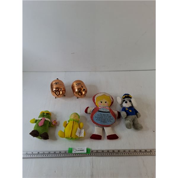 (4) Kid's Toys, Police Dog, Little Red Riding Hood, Pickle Man, (2) Metal Piggy Banks