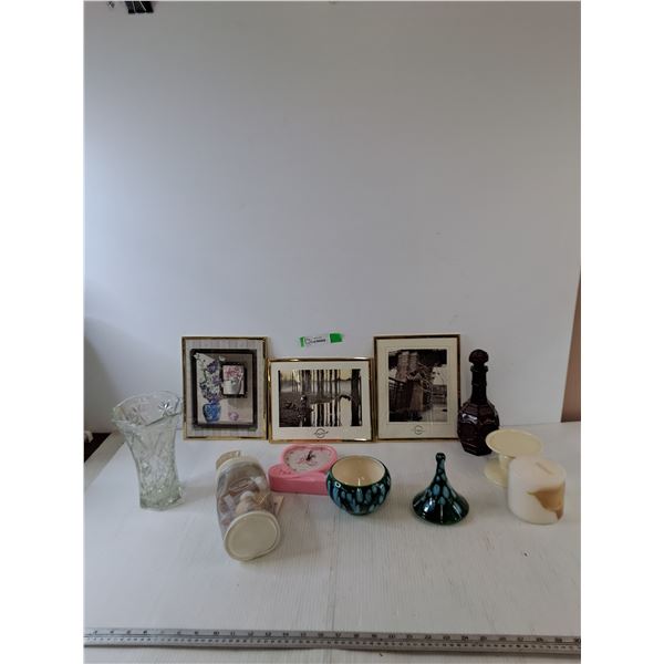 Avon Decanter, (3) Pictures, Sarah Michael's Makeup Bag, Candle, Vase