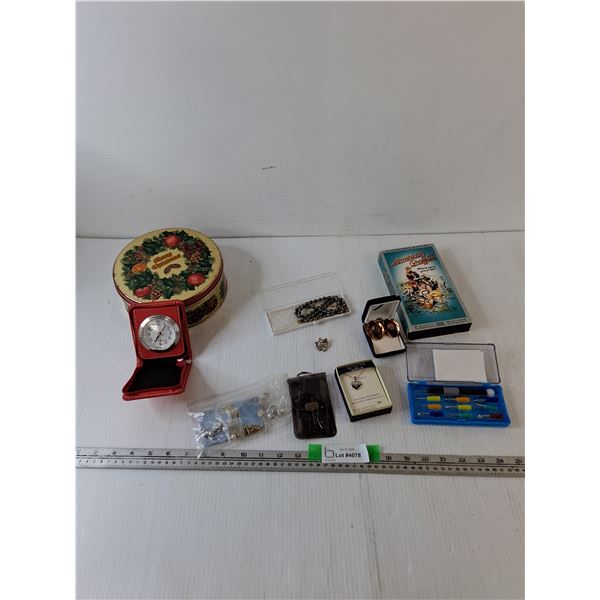 Christmas Metal Container, Watch, Caribbean Charm Collection, Jewelry, Small Screwdrivers, VHS Movie