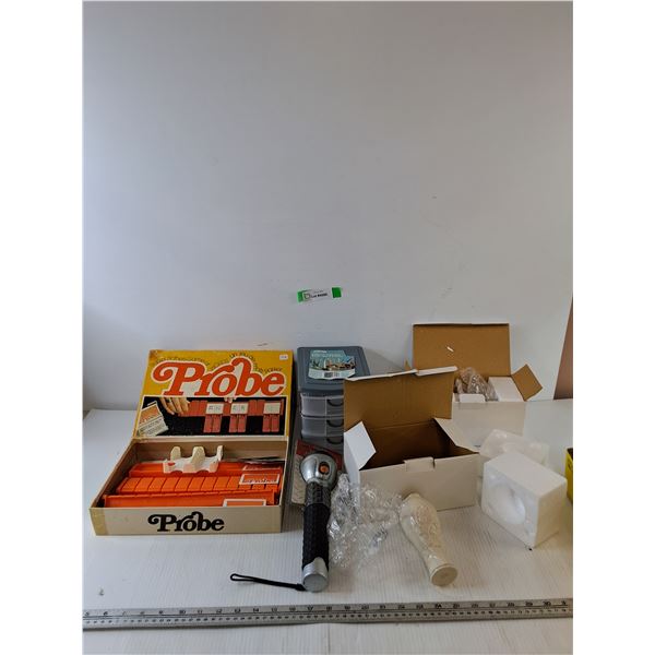 Probe Board Game, Flashlight in Package, (2) Lenox Vases, 3-Drawer Desk Organizer