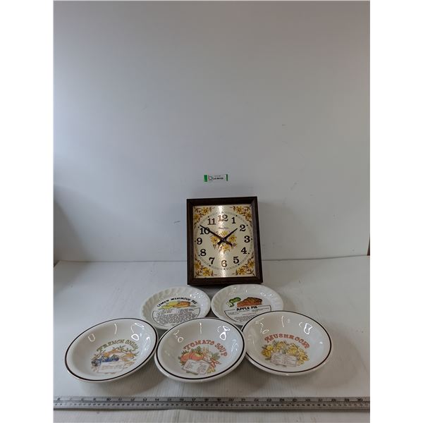 Untested Clock, (2) Plates and (3) Bowls with Recipes on Bottom