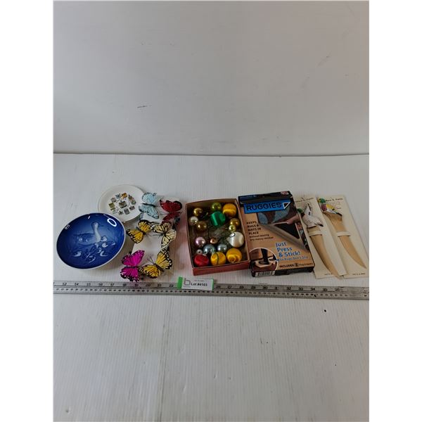 (2) Commemorative Plates, Butterfly Clips, Anti-Slip Rug Attachments, Bird Scuplture, Bulbs
