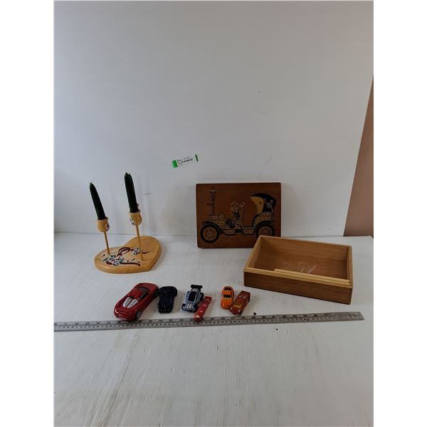 Wooden Heart Candle Holder, (5) Toy Cars and Wooden Box
