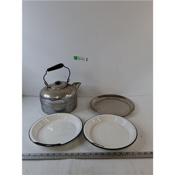 (3) Metal Plates, (1) Metal Teapot