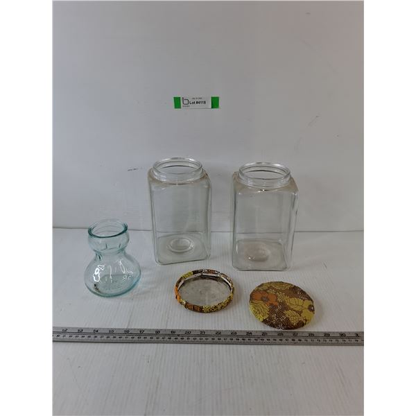 (2) Glass Jars with Lids, (1) Glass Vase