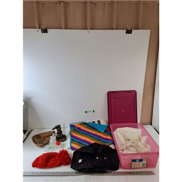 Rain Measurement Stand, Candle Lake Ashtray, Assorted Cloths and Fabrics
