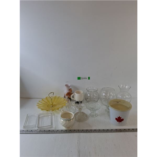 Assorted Glass Vases, Small Dishes, Canadian Bucket Candle
