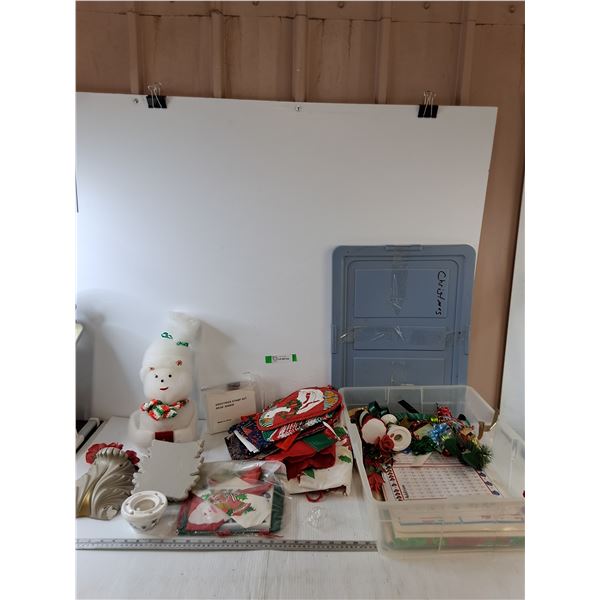 Snowman, Greeting Stamp Set, (2) Decorative Wall Vases, Christmas Fabrics, Food Placement Mats, Misc