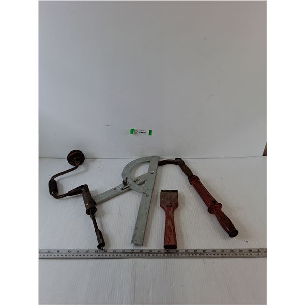 Brace Drill, Nail Puller, Paint Scraper, Saw Protractor