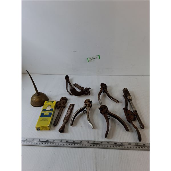 Oil Can, Chisel Head, Sharpening Stone, Rusted Nail Puller, (3) Saw Sets