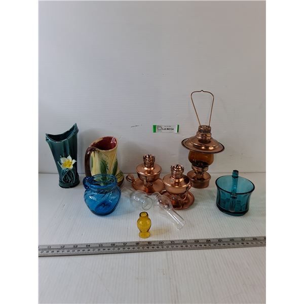 (2) Oil Lamps, (1) Oil Lantern, (2) Vases, (1) Pitcher, (1) Small Sugar Cup