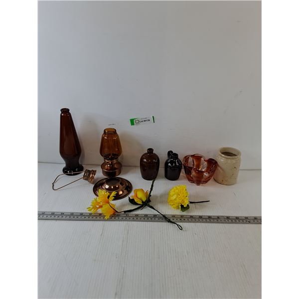 (3) Fake Flowers, (1) Oil Lantern, (4) Vases, (1) Small Candy Bowl