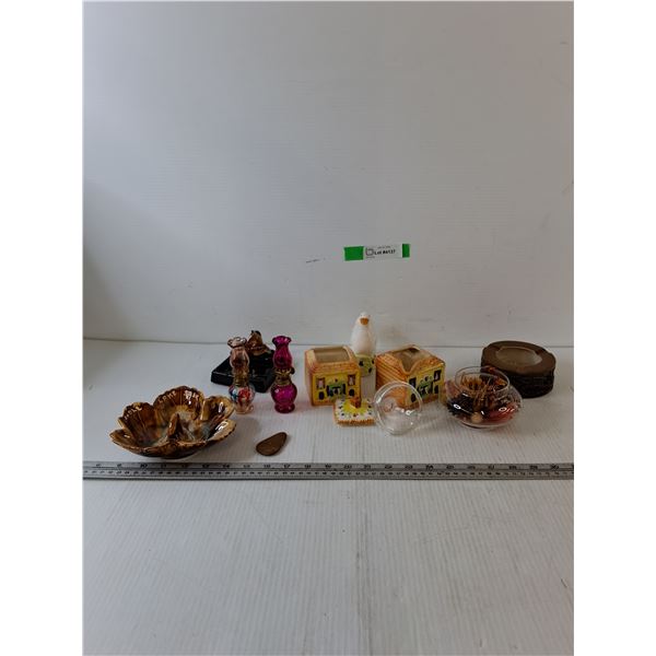 Candle Lake Ashtray, (2) Small Oil Lamps, (2) Sugar Containers, Misc
