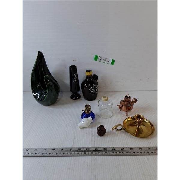 Hand Held Single Candelabra, (2) Vases, (2) Oil Lamps
