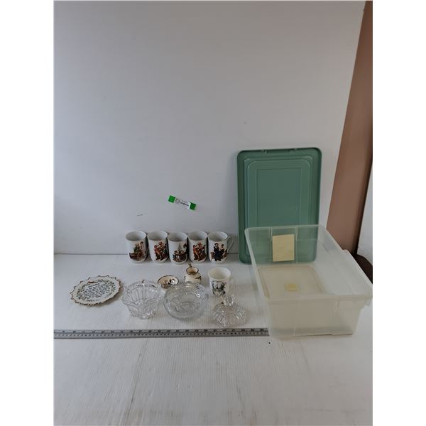 (5) Normal Rockwell Cups, (2) Glass Candy Bowls, Decorative Plate, Small Porcelain Dishes