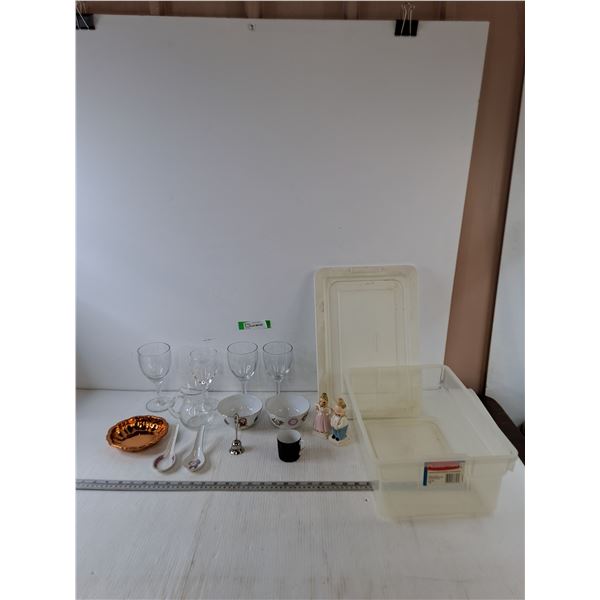 (4) Wine Glasses, (1) Small Pitcher, (2) Bowls, (2) Spoons , (2) Porcelain Spice Shakers
