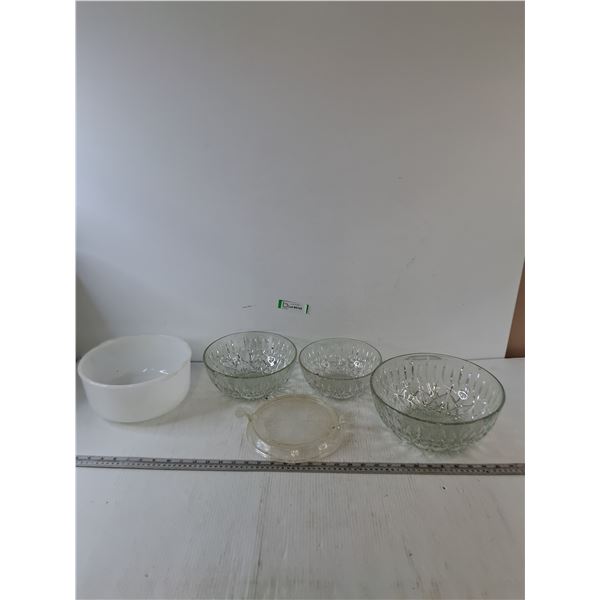 (2) Glass Bowls, (1) Fire King Surface, (1) Glasbake Bowl