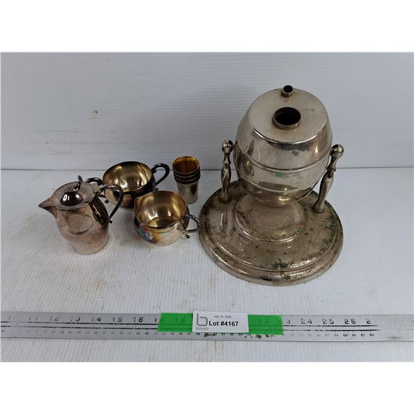 Silver Cream & Sugar Set, Shot Cups & Liquor Dispenser