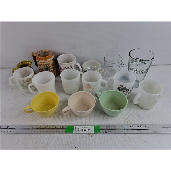 Plastic & Ceramic Tea Cups, Milk Glass Mugs, Glass