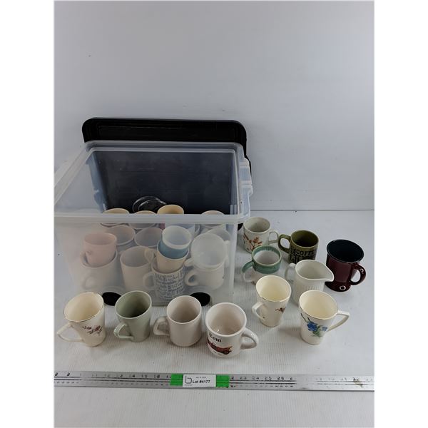 Assorted Ceramic Mugs, Plastic Cups & File Container 17" x 14" x 12", PICKUP ONLY