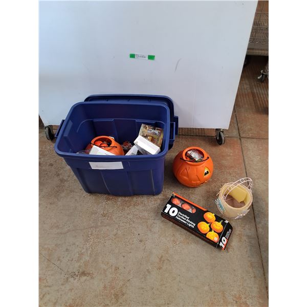 *Assorted Halloween Supplies & Plastic Storage Tote 21" x 15" x 16", PICKUP ONLY