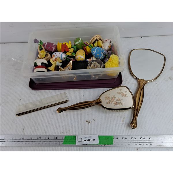 Assorted Ornaments, Decorative Makeup Mirror, Hair Combs, Plastic Container