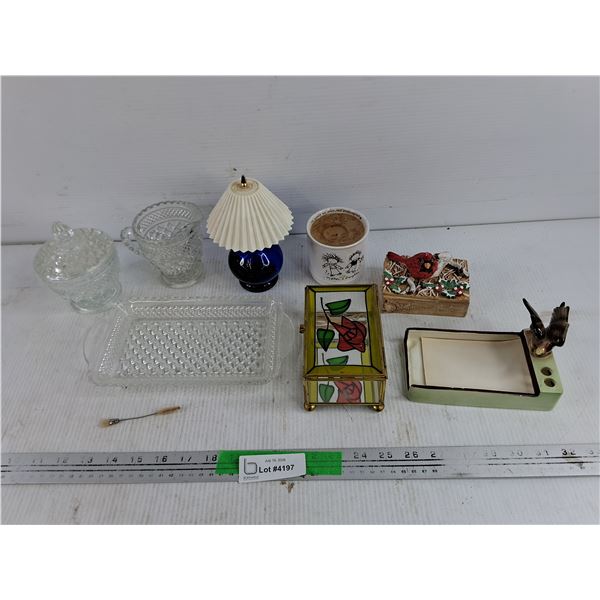 Avon Perfume Bottle, Glass Cream & Sugar Set, Jewelry Boxes, Candle, Misc