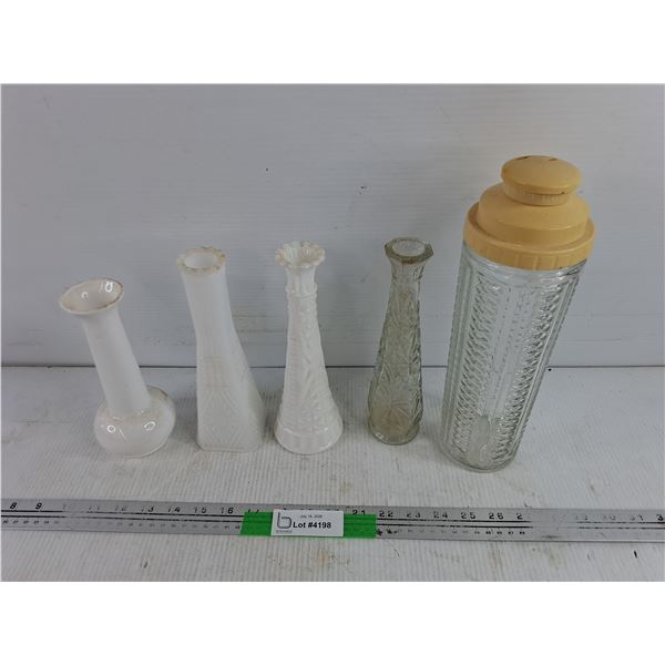Milk Glass & Plastic Vases, Vintage Glass Water Bottle