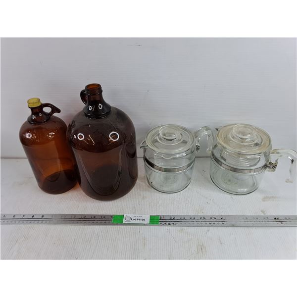 (2) Vintage Glass Bottles & (2) Coffee Pots