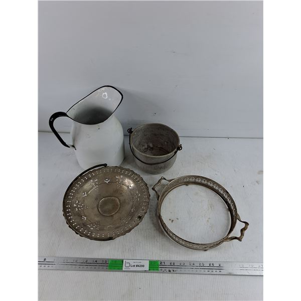 Enamel Pitcher, Aluminum Pot, Silver Dishes