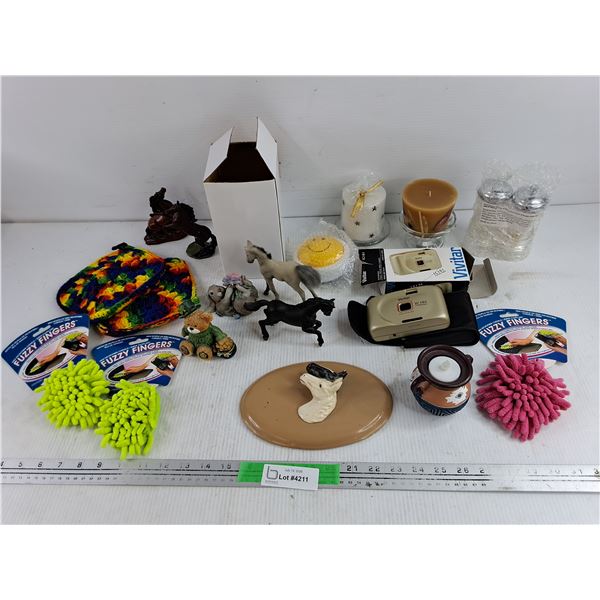 Horse Ornaments, Fuzzy Fingers, Vivitar Camera, Salt & Pepper Shakers, Candles, Misc