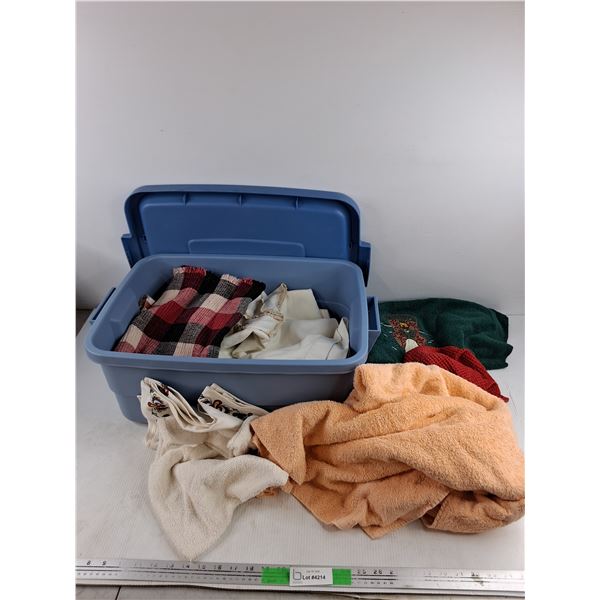 Assorted Towels, Cloths, Plastic Storage Tote w/Lid 21" x 15"  x 9"