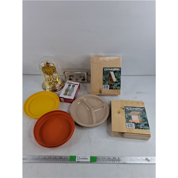 Anniversary Clock, Coca Cola Salt & Pepper Shakers, Birdfeeder Kits, Plstic Plates, Desk Decor