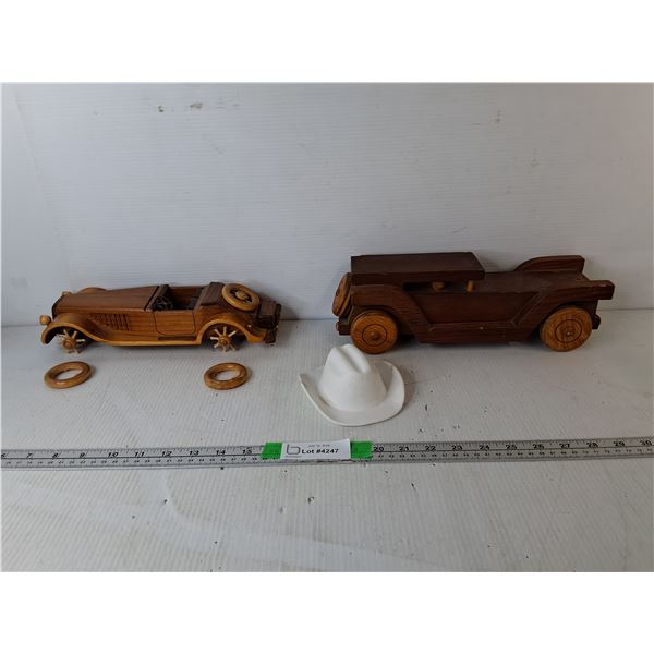 (2) Wooden Vintage Style Cars Up to 13"- As Is & Ceramic Cowboy Hat