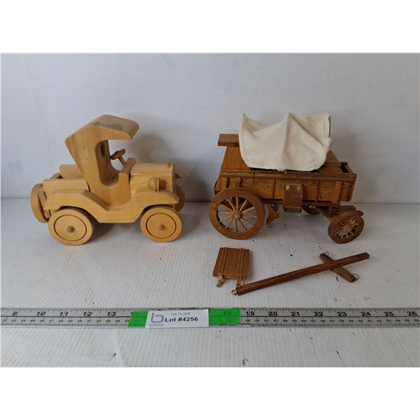 Wooden Antique Style Model Car & Wagon