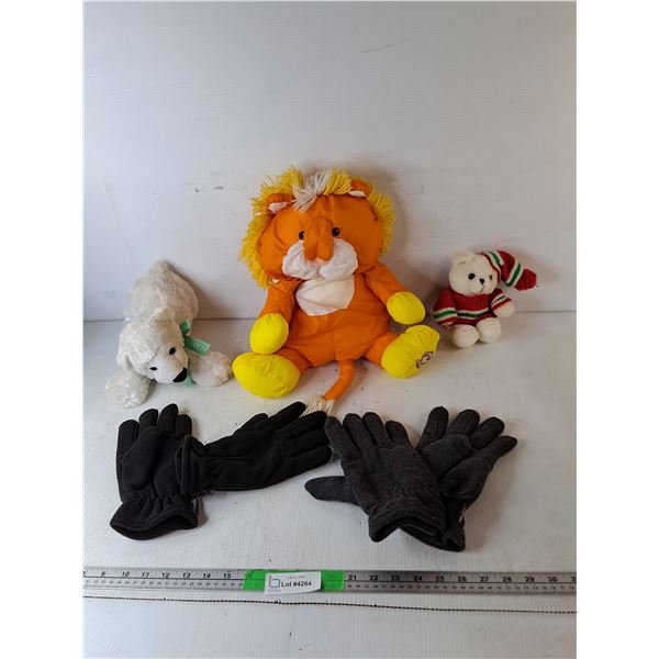 Animal Stuffies & (2) Pairs of Winter Gloves- Approx.L