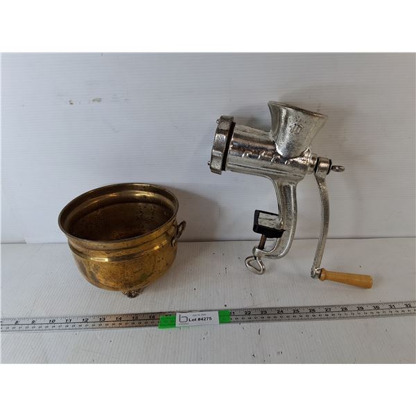 Vintage Meat Grinder & Brass Planter
