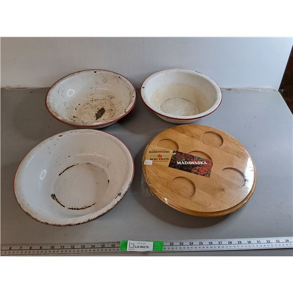 (3) Vintage Wash Basins & Wooden Cup Holder Tray