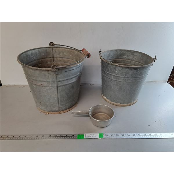 (2) Vintage Galvanized Pails Up to 11" & Small Saucepan. Can't Ship