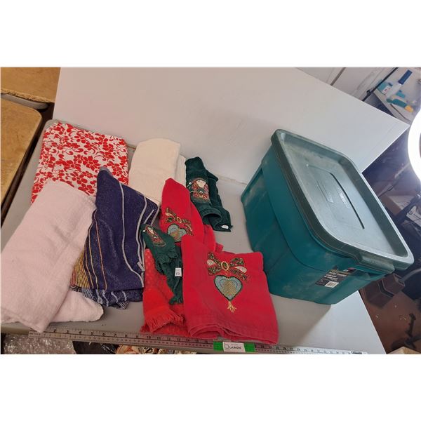 Plastic Storage Tote, Fabric Scraps, Bath/Hand Towels. Can't Ship