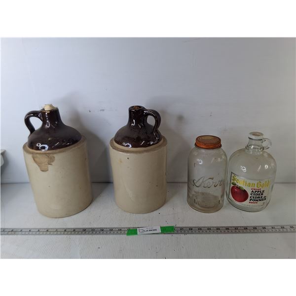 (2) Earthenware Crocks 13.5"- As Is & (2) Glass Storage Jars- Can't Ship